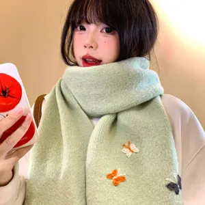 Chic light green knit winter scarf with embroidered colorful butterflies for women