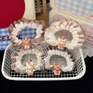 Cute Plaid Lace Hair Scrunchies Cartoon Bear Rabbit Resin Pendant High Elastic Hair Ropes Girls Ponytail Holders