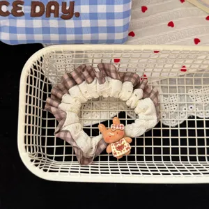 Brown plaid hair scrunchie with cute lace and bear charm for sweet daily hairstyles and ponytails.