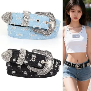 Damen Amerikanisches Retro Distressed Denim Breiter Gürtel Vintage Y2K Spice Girl Geschnitzte Metalllegierung Dornschließe Jeansgürtel