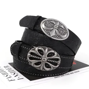 Retro Goth Ledergürtel für Damen und Herren mit verzierten Kreuz Metallschnecke und Blumenmuster.