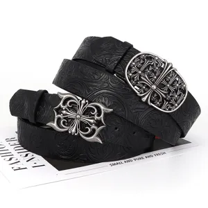 Vintage Kreuz geschnitzter schwarzer Ledergürtel für Damen und Herren, modisches Jeans-Accessoire.