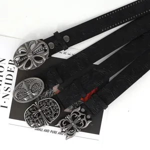 Vintage schwarzer Ledergürtel mit kunstvoller silberner Kreuzschnalle Damen Taillengürtel
