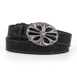 Vintage schwarzer Ledergürtel Damen Herren, retro geschnitzte ovale Metallschnalle Jeansgürtel