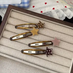 Detailed view of trendy star hairpin set, cute resin snap hair clips for daily fashion sweet style.