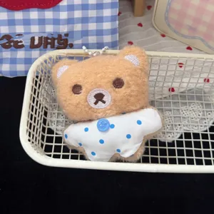 Grazioso portachiavi in peluche orsetto marrone con bavaglino a pois, accessorio borsa.