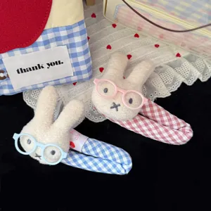 Cute cartoon rabbit hair clip with glasses, sweet plaid hair accessory for soft girls.