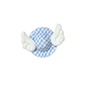 Cute blue white checkered hat hair clip with plush angel wings sweet lovely girls bangs hairpin