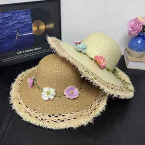 Damen Sommer Stroh Sonnenhut Handgemachte Raffia Blumen Strandhut Breite Krempe UV Schutz Casual Urlaub Sonnenhut