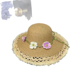 Geflochtener Strohhut für Damen mit Blumenranken-Dekor, breite Krempe Sommertag Sonnenschutz.