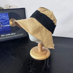 Japanese style linen wide brim sun hat with black band, breathable casual bucket hat for women.