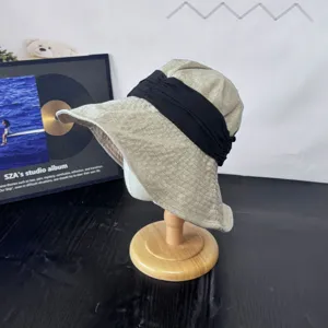 Women linen sun hat wide brim anti UV bucket hat casual beach summer solid color hat stylish