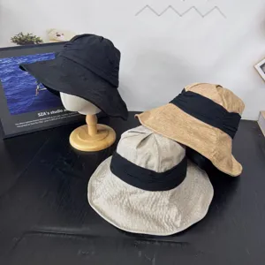 Japanese Style Linen Bucket Hat Women Wide Brim Roll-Up Sun Protection Casual Solid Color Pleated Summer Beach Fisherman Hat