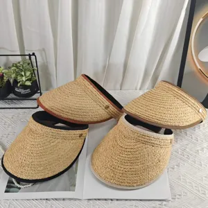 Dames Zomer Stro Zonnehoed Raffia Geweven Lege Top Strand Visor Met Afgebieste Rand Ademende Outdoor Zonbescherming Hoed