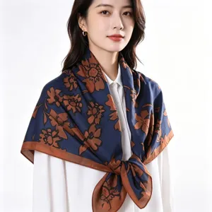 Silk scarf luxury floral design dark blue brown print elegant shawl for women daily wear