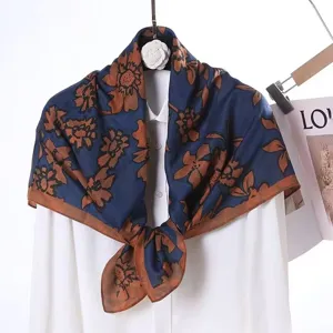 Women velvet large square scarf blue brown floral print herringbone vintage elegant shawl.