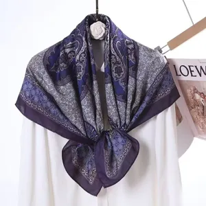 Elegant blue and grey velvet square scarf with intricate paisley pattern for women stylish daily wear.