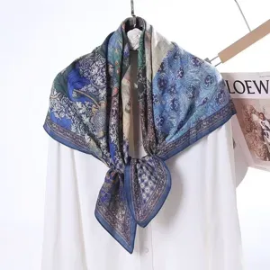 Vintage blue floral printed women large square scarf elegant silk feel fashion neck wrap