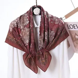 Wine red floral velvet square scarf for women, elegant retro print shawl and wrap daily wear.