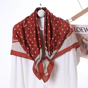 Elegant red silk velvet scarf with polka dots and classic floral print for women fashion styling.