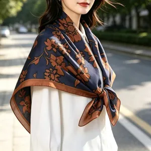 Elegant silk velvet large square scarf with floral print, perfect vintage wrap for women.
