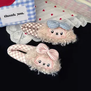 Cute plush lamb hair clips with plaid bows, soft fuzzy animal clips for sweet daily hair styling.