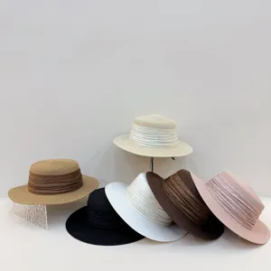 Femmes Français Luxe Large Bord Chapeau de Paille Été Voyage Protection Solaire Anti-UV Raphia Dessus Plat Chapeau de Soleil