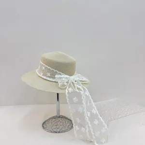 Chapeau de paille femme ete avec elegant noeud en dentelle perles pour plage vacances