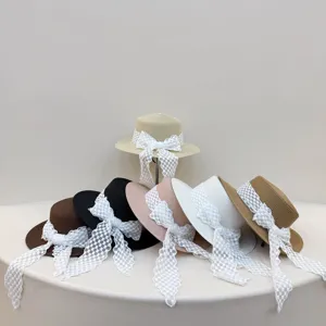 Damen Sommer Strohhut Flacher Kopf Breite Krempe Strand Sonnenschutz Hut Mit Elegant Schleife Band Mode Casual Urlaub Hut