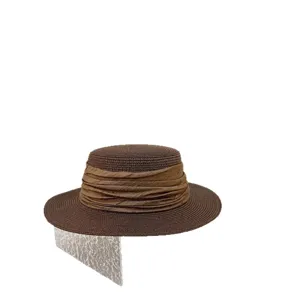 Chapeau de paille plat marron pour femme, élégant chapeau de soleil tissé avec ruban, été plage.
