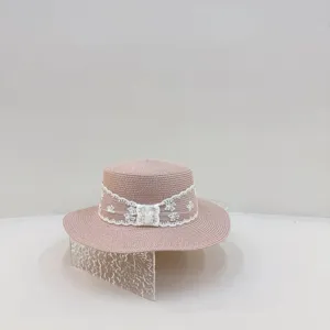 French lace flat top straw hat for women summer beach vacation sun protection holiday hat