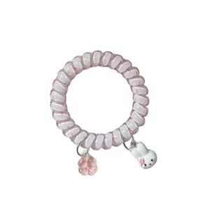 Ciondolo carino elastico a spirale rosa con coniglietto e fiore per code di cavallo.