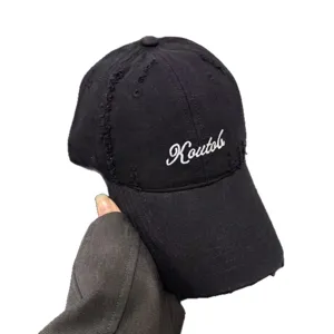 Black washed distressed baseball cap for men and women, cotton soft hat with white embroidery.