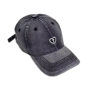Vintage washed denim baseball cap with rhinestone heart and number seven embroidery, sun hat.
