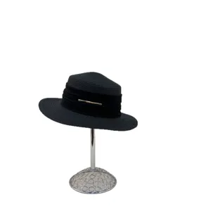 Black straw fedora sun hat with ribbon band and metal accent for women summer beach vacation.