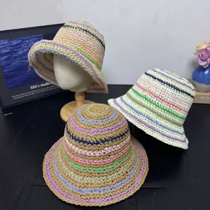 Damen Stroh Eimerhut Koreanischer Stil Handgemacht Gewebt Farbe Block Gestreift Sonnenschutz Lässig Sommer Hut