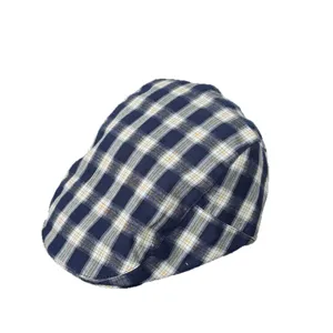 Klassieke blauwe ruit platte pet voor vrouwen, Britse vintage stijl ademende zomerbaret.