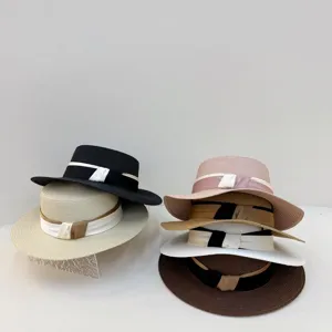 Damen Sommer Strohhut Flacher Oberseite Breite Krempe Sonnenhut Elegantes Retro Schleife Strand Fedora Hut Weibliche Reise Kopfbedeckung