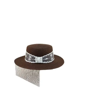 French vintage flat-top straw hat for women, elegant white lace ribbon summer sun beach hat