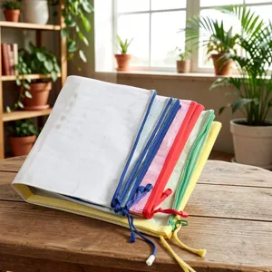 Detailed close-up view of colorful mesh zipper file bags, waterproof document organizers.