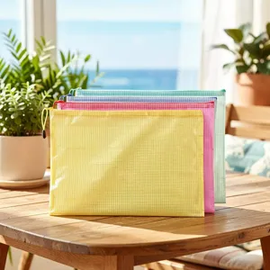 Multi-color mesh zipper file bags in transparent waterproof material for office and school.