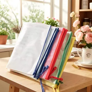 Colorful mesh file bags A4 A5 transparent zipper document storage bags for office stationery use.