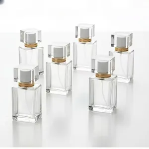 Clear glass perfume spray bottle 30ml empty cosmetic container with square cap design