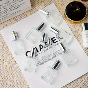 15ml clear glass perfume spray bottles with silver caps, empty sample refillable atomizers.