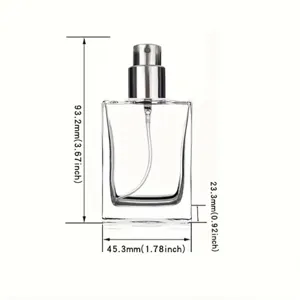 Clear glass perfume bottle detail showing accurate dimensions of 93.2mm height and 45.3mm width.