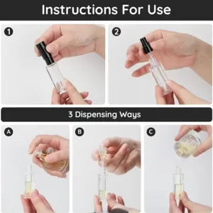 Vista detallada con instrucciones de uso para el frasco atomizador de perfume de vidrio de 10 ml.