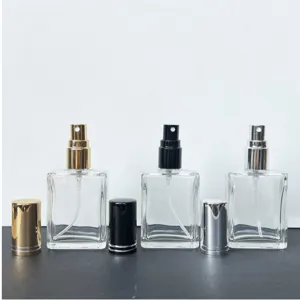 Clear glass perfume spray bottle detail view, 15ml refillable cosmetic container set.
