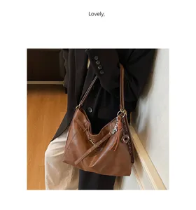 Korean casual large capacity brown leather underarm shoulder tote bag for women fashion