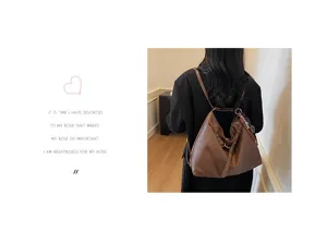 Detail shot of a vintage brown leather multi-functional shoulder bag and backpack worn by a model.