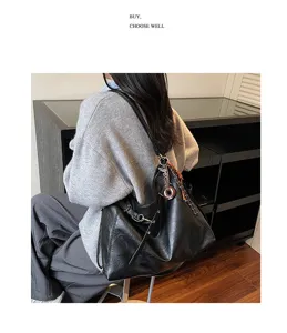Korean style minimalist large capacity black shoulder bag casual slouchy underarm tote bag